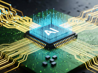 AI chip embedded in a futuristic green PCB board.