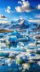 Glacial icebergs floating on the surface of J?kuls?rl?n lagoon with the majestic Vatnaj?kull glacier in the background