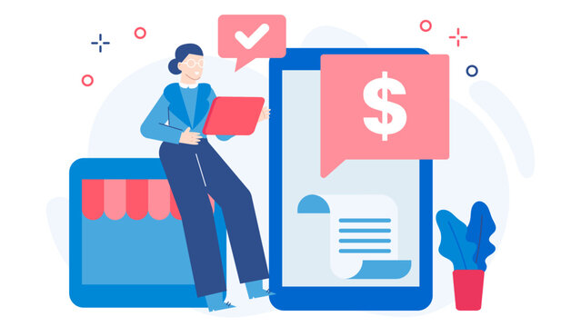 Online banking image of a woman using a mobile phone for financial transactions. Suitable for banking and technology concepts.