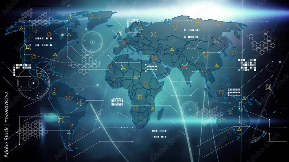 Poster teal glow initiating holographic world map animating borders icons linking continents for data view