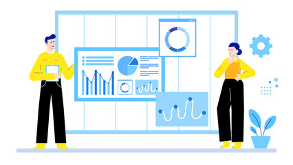 Two people analyzing business data charts, suitable for presentations, reports, financial analysis articles, and marketing materials.
