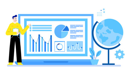 Man presents data graphs, charts, and a globe on a laptop. Suitable for business presentations, analytics reports, financial infographics, global strategies.