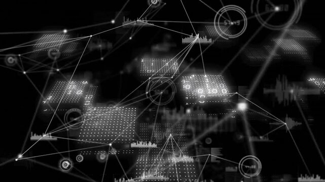Initial network appearing triggers 3D glowing data nodes multiplying and linking to show data flow