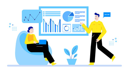 Two people reviewing data charts on a presentation board, suitable for business and finance concepts in marketing materials.