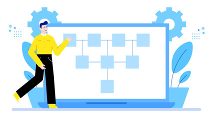 Man presenting a flowchart on a laptop, suitable for business presentations, team meetings, technology discussions, project planning visuals.