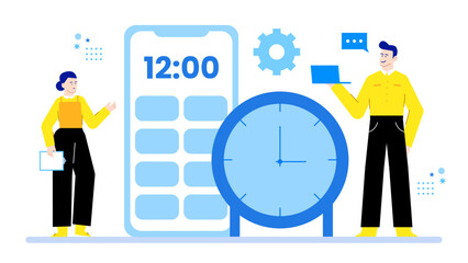 A dynamic image of two individuals coordinating schedules through a phone clock and laptop, ideal for business-related concepts or time management themes.