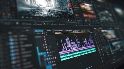 Obraz premium Video Editor Software Interface Displays Editing Timeline & Footage, Focused on Screen