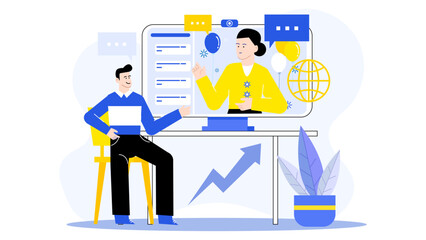 Two people video conference celebrating success with upward trending graph, suitable for business presentations and websites.