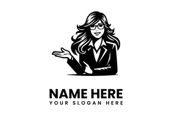 A smiling businesswoman wearing glasses, gesturing with her hand, ready to present.