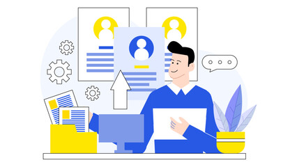 Man organizing employee profiles and documents. Suitable for HR, business administration, employee management, office workflow concepts in various industries.