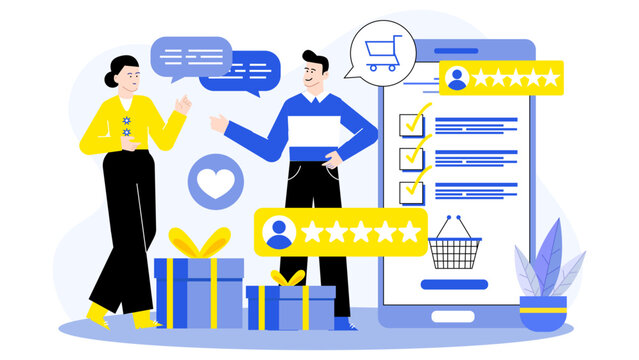 Positive customer feedback and online shopping reviews illustrated in a graphic with gifts. Suitable for marketing and social media content.