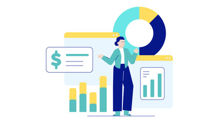 Woman presenting financial data charts graphs and a dollar sign for business presentations, financial reports, marketing materials, or educational resources.