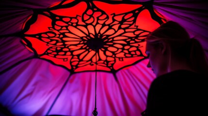 Intricate illuminated canopy casting patterned shadows on a contemplative figure