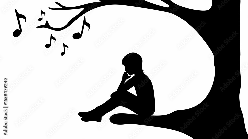 Aufkleber silhouette of a child sitting in a tree with musical notes floating around the branches in black and