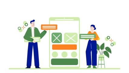 Two people collaborate on a mobile app interface, using colorful blocks. Great for showcasing teamwork, technology, app development concepts.