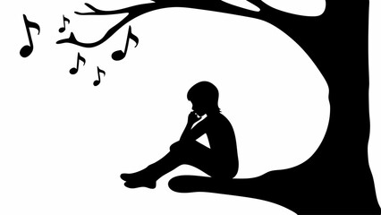 Silhouette of a child sitting in a tree with musical notes floating around the branches in black and white