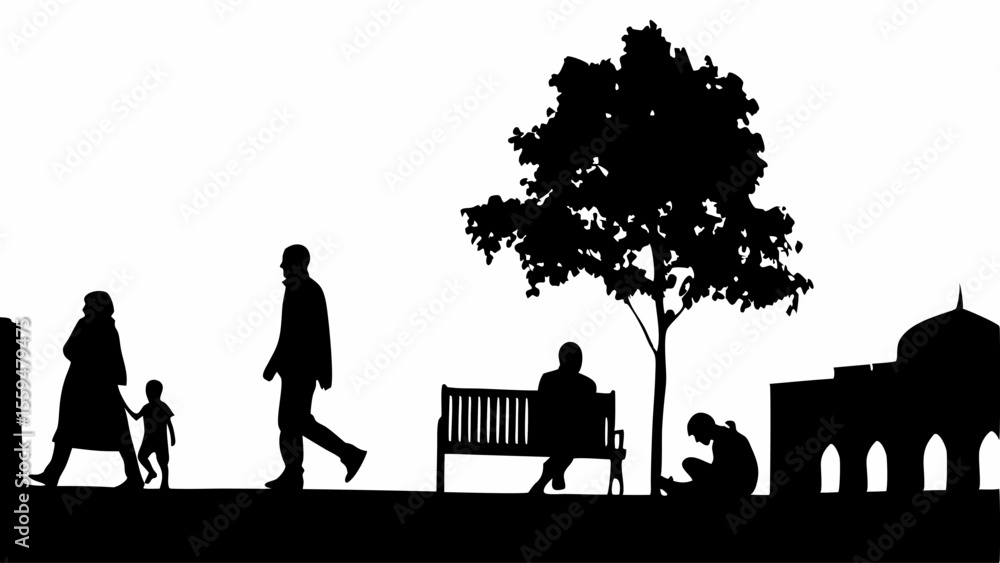 Aufkleber silhouette of people walking and sitting in a park with a tree and building in the background scener