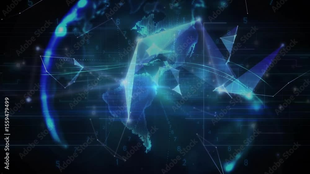 Poster polygons drifting inward linking nodes assembling rotating globe with labels visualizing network