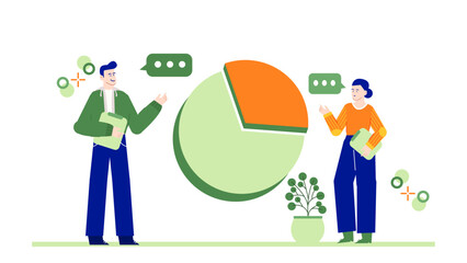 Two people analyzing a pie chart together, suitable for business presentations, marketing materials, data analysis concepts, teamwork illustrations.