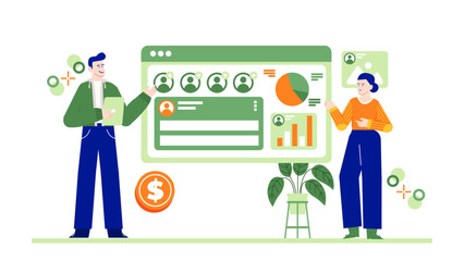 Ideal for presentations or financial marketing material. Two individuals discussing business data and charts in an office setting.