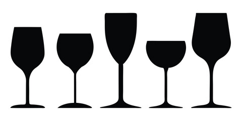 Wine glass silhouettes collection, wine glass icon vector set, glasses silhouettes