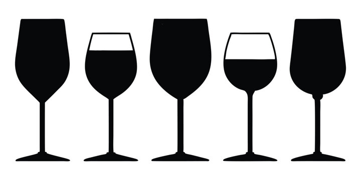 Wine glass silhouettes collection, wine glass icon vector set, glasses silhouettes