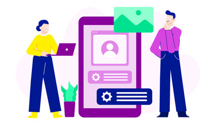 Two people critical website design on a large phone, suitable for web development or online business review concepts.