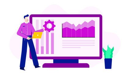 Man presenting data graphs and gear on a large monitor, suitable for technology or business presentations and concept illustrations.