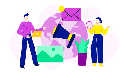 Global marketing concept with diverse people using email and megaphone for promotions. Suitable for advertising, communication, and digital marketing projects.