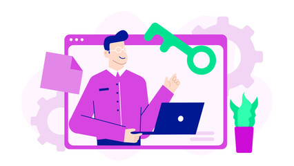 Man using a laptop with a key, perfect for cybersecurity concepts and data protection visuals. Technology, security, business, communication theme.