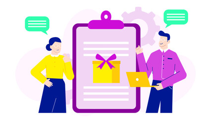 Two people reviewing a gift on a checklist; perfect for holiday shopping graphics, event planning, and discussion themed designs.