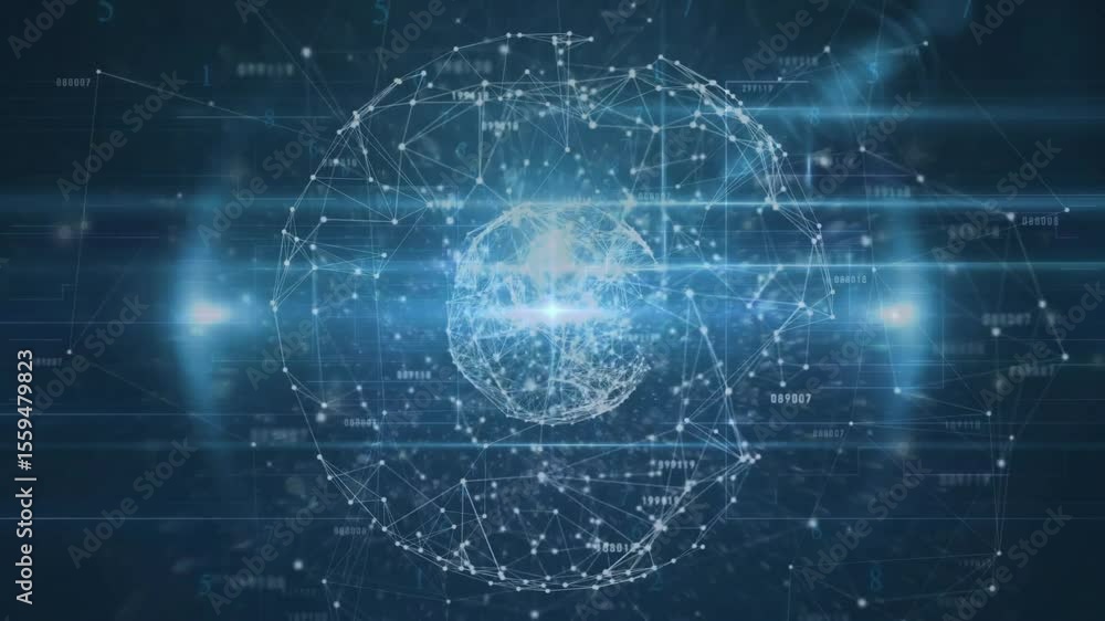 Poster faint orb outline appearing triggers nodes connecting into network sphere showing data connections