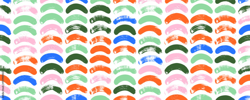 Poster Funky colorful seamless pattern with brush drawn curved lines or arches. Hand drawn curved bold lines. Bold circular shapes and waves seamless pattern. Whimsical geometric wrapping paper.