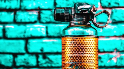 Illuminated butane torch with a textured brass body against teal brick backdrop