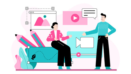 Two people collaborating on a video project; suitable for teamwork concepts, creative partnerships, video production, and multimedia design projects.