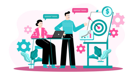 Two people in a meeting room strategizing about business plan. Suitable for presentations, marketing materials, and team collaboration concepts.