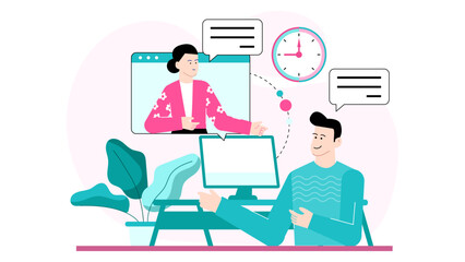 Illustration of a virtual meeting between a man and a woman. Suitable for digital communication, remote work, online conferences, and collaboration.