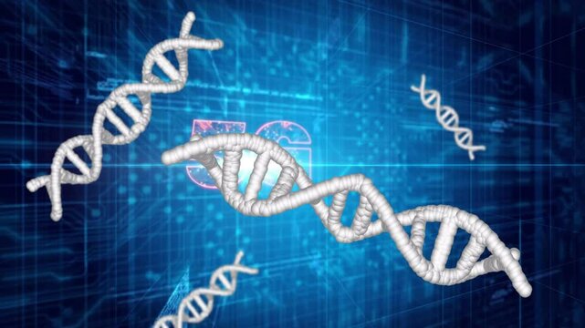 On start, 3D DNA helix and fragments rotating, neon 5G emerging, pulsing circuits for network demo