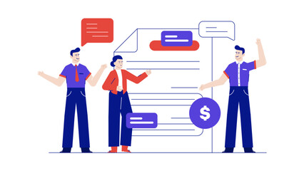 Three colleagues reviewing profit in a financial document, suitable for business presentations, finance blog illustrations, and corporate marketing materials.
