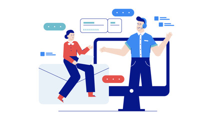 Illustration of a video call between customer service agent and client. Suitable for customer service concepts in marketing materials.