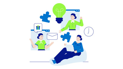 Online teamwork concept showing collaboration, problem-solving, and idea sharing among virtual team members. Suitable for business presentations or websites.