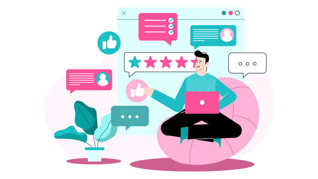 A man happily reads positive online reviews on his laptop. Suitable for marketing, technology, productivity, and online reputation concepts.