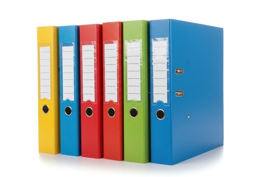 Colorful binders arranged in a row on a white background, ideal for office organization
