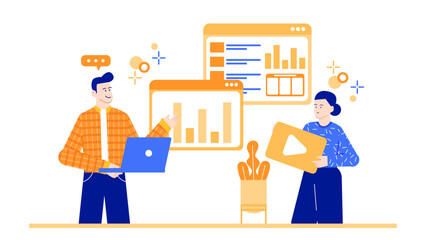 Two people presenting data and video content, suitable for business presentations, marketing materials, websites, and educational content creation.