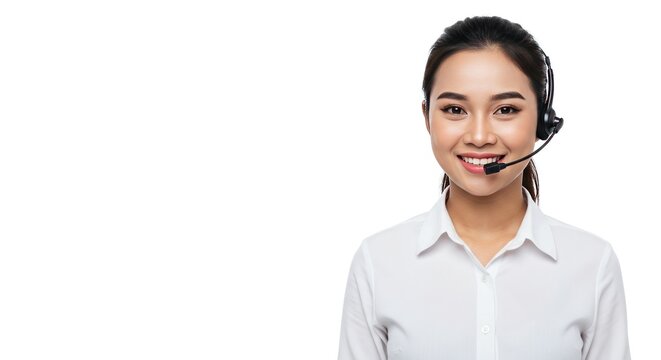 Smiling customer service representative wearing a headset in a bright office