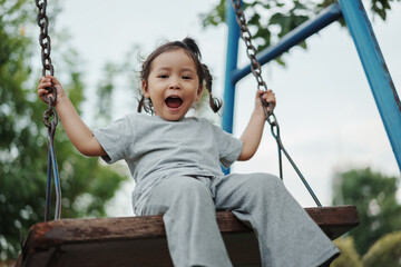 cheerful toddler girl playing on wooden swing at playground
