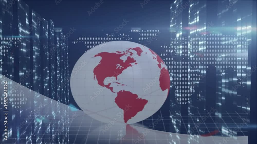 Poster on launch 3d globe rotating backward while red ribbon sweeping floor visualizing global coverage