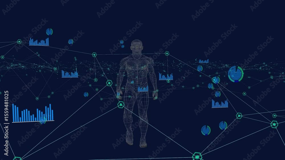 Aufkleber entering left, wireframe figure stepping into green grid, visualizing data with blue charts