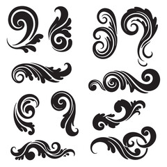 A collection of elegant vintage art silhouette flourishes and swirls in various classic decorative shapes for design