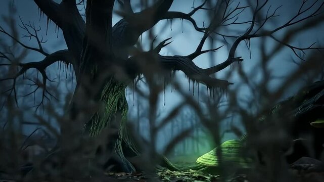 Eerie Forest: A eerie forest featuring twisted tree silhouetted against a pale, moonlit sky, creating a scene filled with mystery, solitude, and a touch of unease.